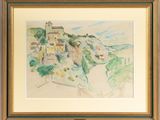 Aquarelle encadrée représentant la vue d'un village perché sur une colline
