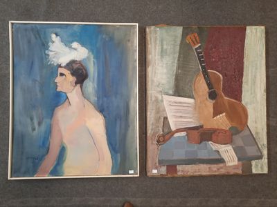 deux tableaux représentant un homme à la guitare et une femme au violon