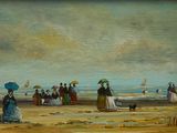 painting of a group of people on the beach with umbrellas