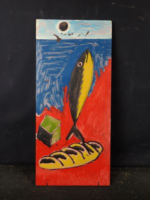peinture représentant un poisson et un morceau de nourriture sur un fond noir