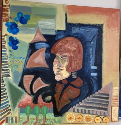 un tableau représentant une femme coiffée d'un chapeau rouge, posé sur une étagère