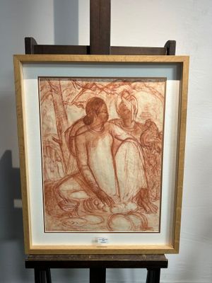dessin représentant une femme assise sur un tabouret devant un tableau