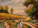 une peinture à l'huile représentant une femme marchant sur un chemin de terre près d'une rivière