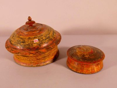 pair of red and yellow pottery containers with lids