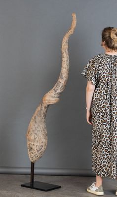 une femme vêtue d'une robe à imprimé léopard, debout à côté d'une sculpture représentant un serpent