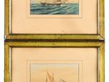 deux aquarelles encadrées représentant un navire et un bateau en pleine mer