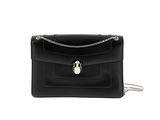 a black leather shoulder bag with a chain strap and a lock