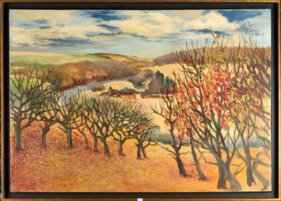 un tableau représentant un paysage avec des arbres au premier plan