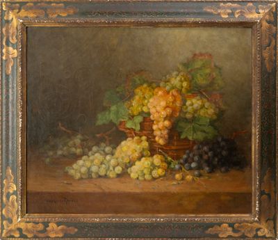an oil painting of grapes in a basket on a table