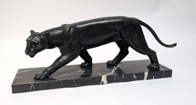 statue of a black panther on a marble base on a white background