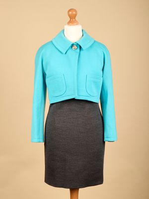 CELINE CIRCA 1990 ENSEMBLE en laine stretch turquoise et ant…