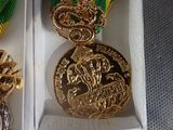 a gold medal and a green ribbon in a white box