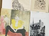 a picture of a man sitting on a bench in front of a bunch of drawings