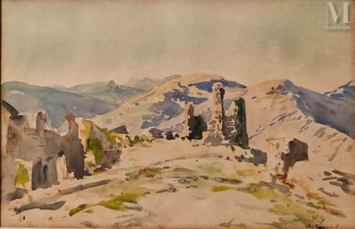 an image of a painting of a mountain scene with a church