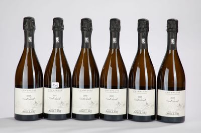 six bouteilles de vin sont alignées sur une table