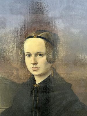 tableau représentant une femme en robe noire avec un bandeau doré