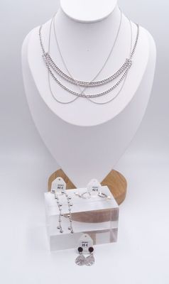 une vitrine blanche sur laquelle sont exposés un collier et des bracelets