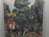 une image représentant une peinture d'une maison et d'arbres accrochée au mur