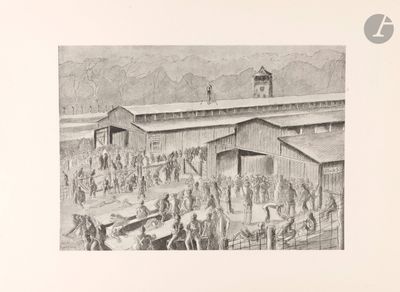 an old drawing of a group of men working in a factory