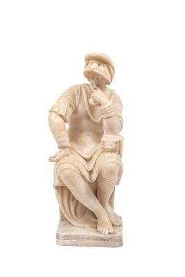 statue représentant un homme assis sur un tabouret, coiffé d'un chapeau
