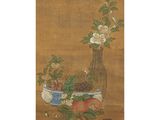 an oriental painting of a vase with flowers and fruit on a table