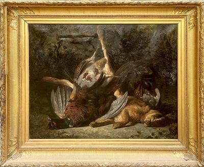 une photo d'un tableau représentant un oiseau et un animal mort