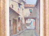 an oil painting of a street scene with a car parked on the side of the road