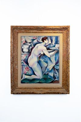 a painting on the wall of a room with a painting on the wall