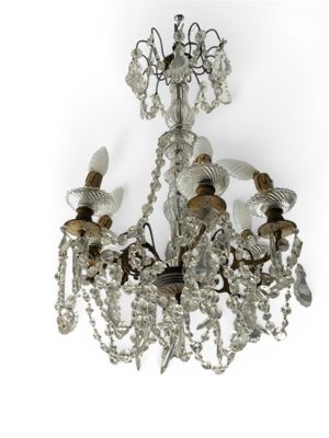 chandelier made of glass and metal with a wooden base