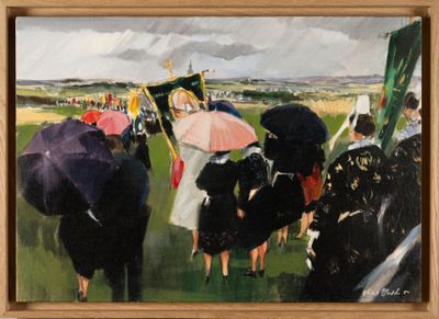a painting of a group of people with umbrellas