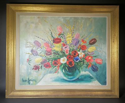 une peinture de fleurs dans un vase sur une table