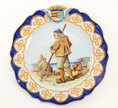 a plate with a picture of a man and a dog on it