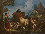 a painting of a man and a woman with animals in a field