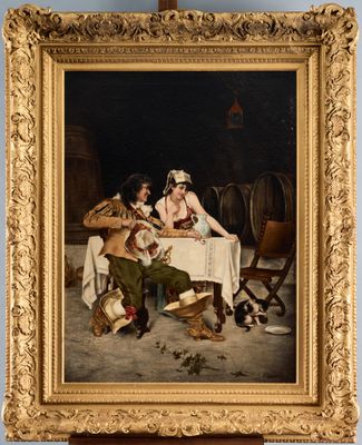 un vieux tableau représentant un homme et une femme assis à une table avec un chien