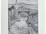 une image représentant un dessin d'un pont enjambant un plan d'eau