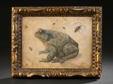 an old picture of a frog with a bug in it ' s mouth