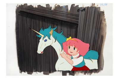 animation cel of a girl and a unicorn in front of a door