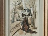 tableau représentant une femme en robe noire et une cage à oiseaux