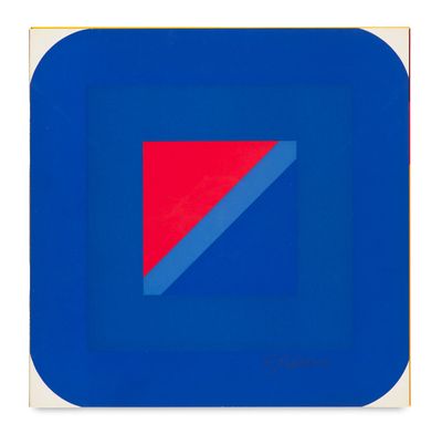 un carré bleu avec un triangle rouge au milieu