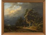 a painting of a landscape with a man and a dog in the foreground