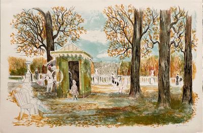 un dessin représentant un belvédère dans un parc avec des arbres