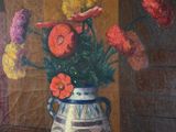 a painting of flowers in a vase on a table