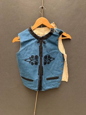 une photo d'un gilet bleu suspendu à un cintre