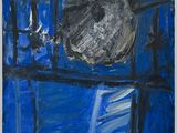 a painting of a black and white ball sitting on top of a blue table