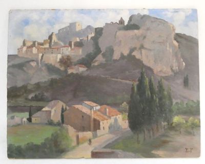 peinture d'une vue d'un village avec une montagne en arrière-plan