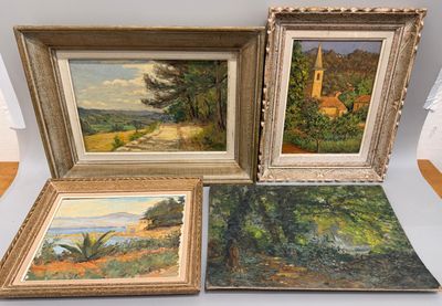 trois tableaux encadrés représentant un paysage avec une église au loin et une église au loin
