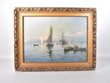 une peinture à l'huile représentant des bateaux sur l'eau, sur fond blanc