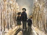 painting of three children and a dog walking down a snowy road