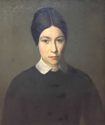 portrait of a woman in a black dress and a white collared shirt