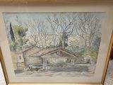 aquarelle encadrée représentant une maison et des arbres dans un jardin